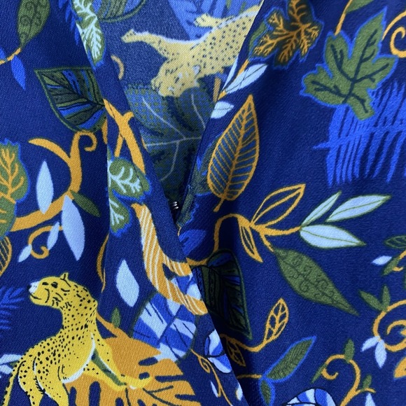 2/$30 J Crew Factory Wrap Dress 0 Navy Blue Cheetah Jungle Novelty Print Satin - Picture 6 of 13